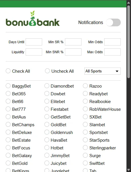 Bonusbank ATM Alerts Chrome extension with 40+ bookmaker selection and configurable filters