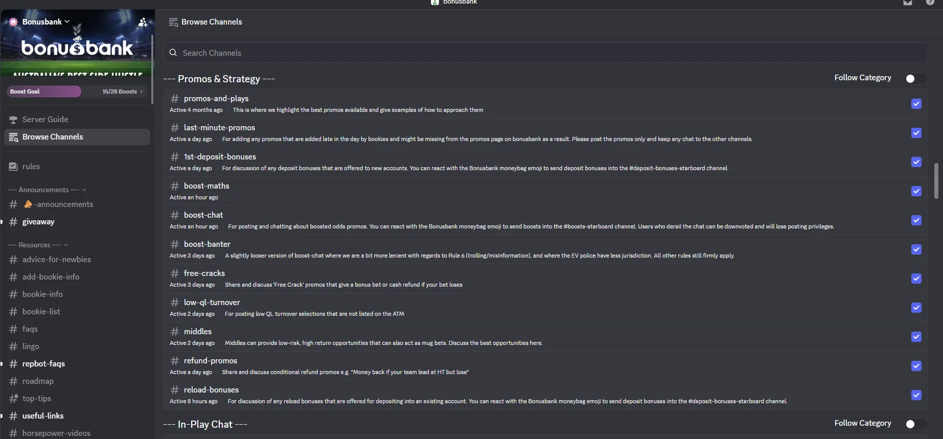 Bonusbank Discord community channels showing active matched betting discussions