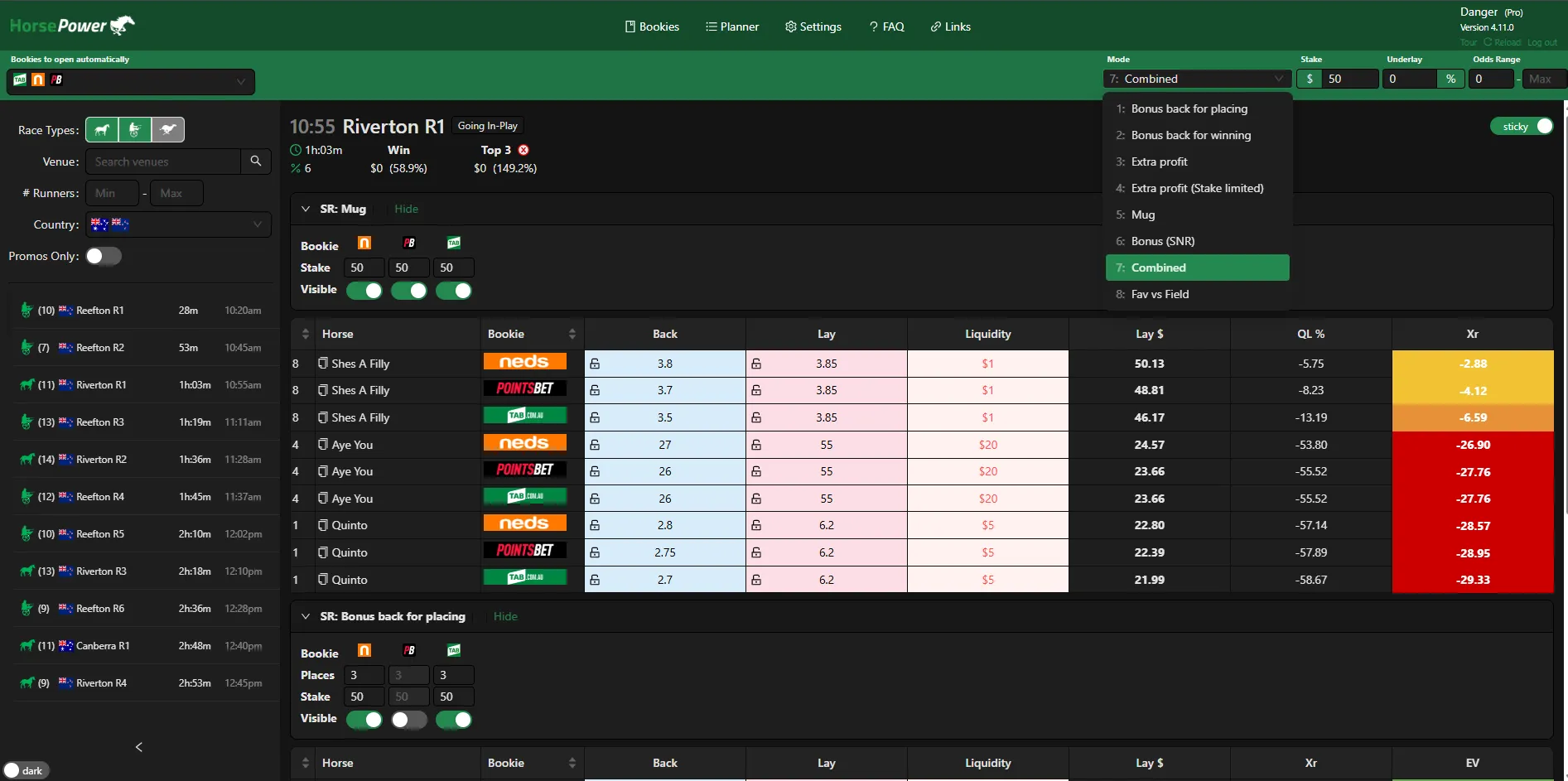 Bonusbank HorsePower racing tool showing multiple betting modes and live odds across bookmakers