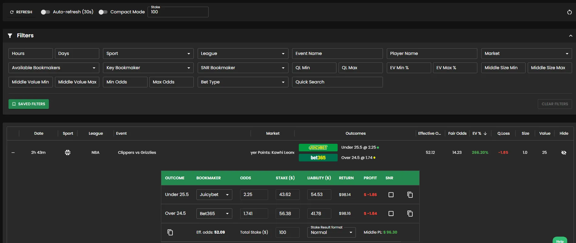 Bonusbank Middles software showing middle opportunity with qualifying loss and potential profit