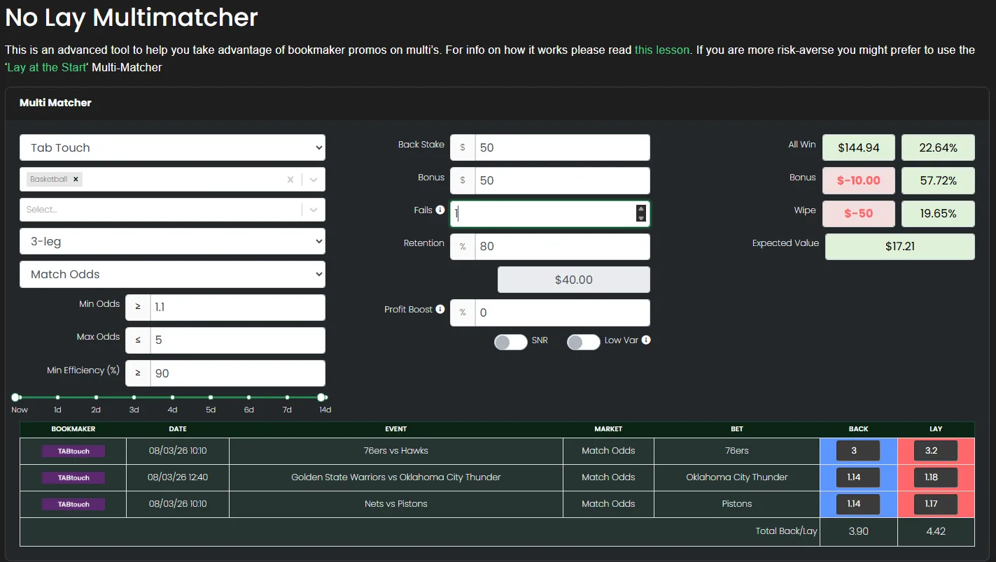 Bonusbank Multi Promo calculator showing expected value calculation