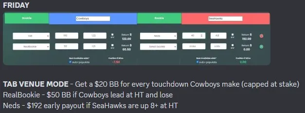 Bonusbank recommended multi-bookie play posted on Discord with potential bonus triggers