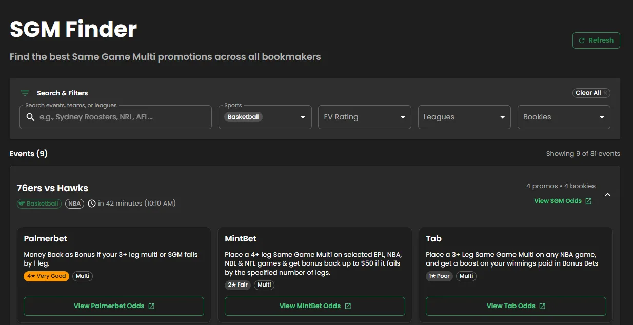 Bonusbank SGM Tool showing promotional offers with EV star ratings across bookmakers