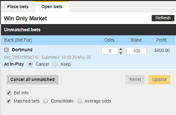 Example Unmatched Bet