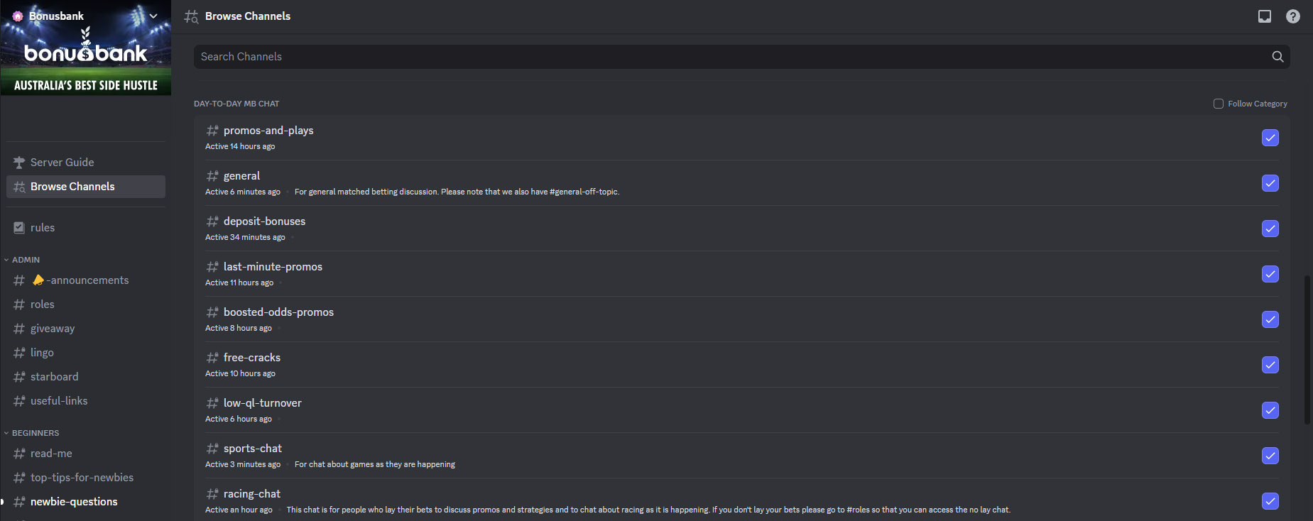 Bonusbank Discord community channels showing active matched betting discussions