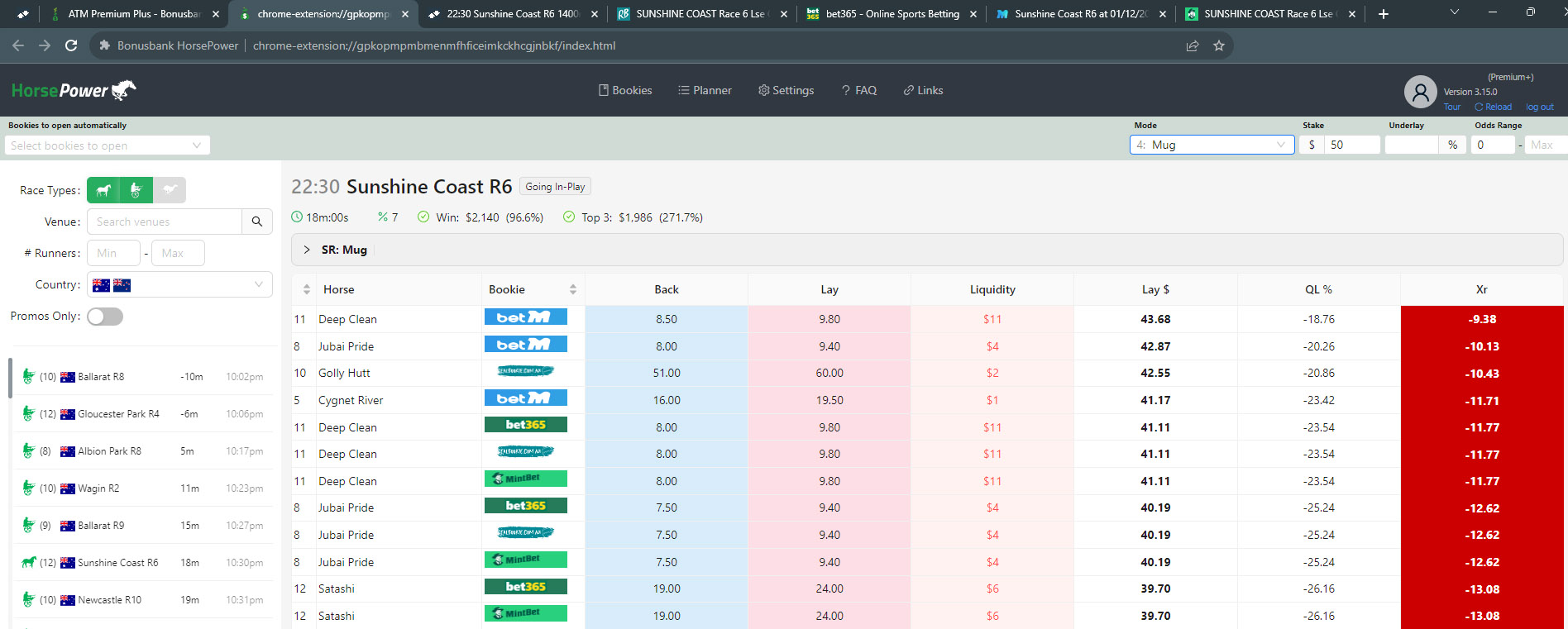 Bonusbank HorsePower horse racing odds comparison tool showing live prices across bookmakers