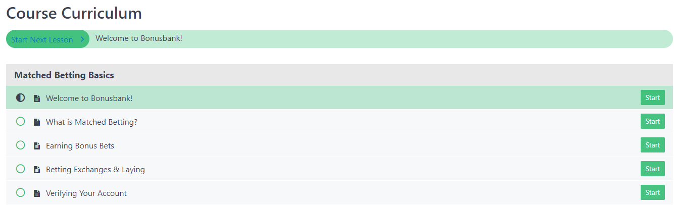 Bonusbank matched betting basics course curriculum showing beginner lessons